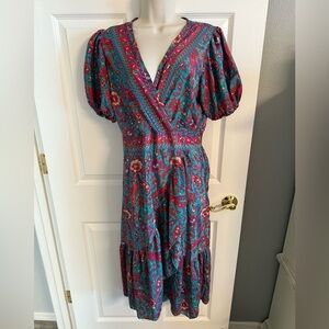 Vibrant Paisley V-Neck Midi Dress - Teal and Red